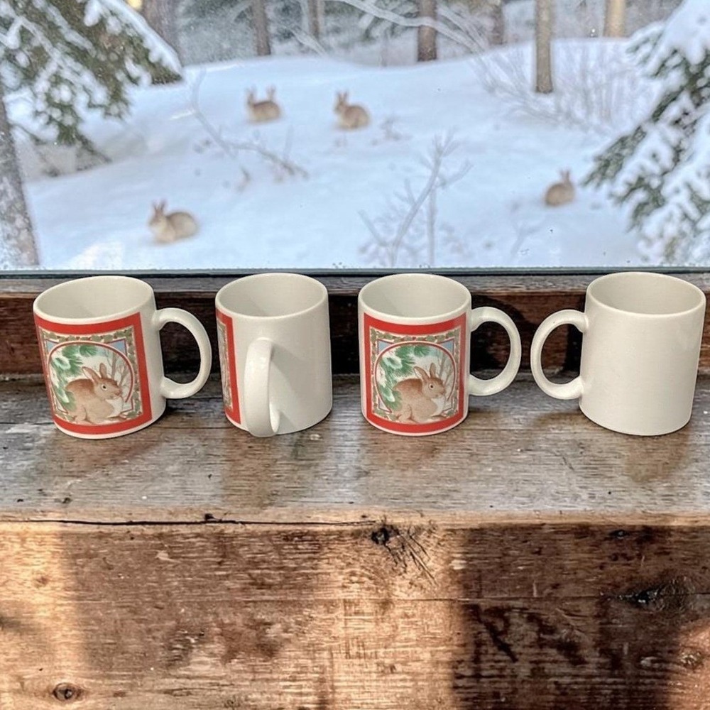 National Wildlife Federation Coffee Cups, Set of 4, Vintage Rabbit Design Mugs